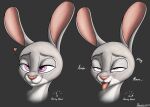  2021 absurd_res ahegao bodily_fluids disney eye_roll female hi_res judy_hopps lagomorph leporid looking_pleasured mammal rabbit ravirr saliva simple_background smile solo text tongue tongue_out zootopia 