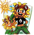  1girl :d absurdres bare_shoulders black_shirt blonde_hair creature_and_personification cropped_legs dark-skinned_female dark_skin eyewear_on_head flower green_shorts hand_wraps highres midriff navel off_shoulder open_mouth peargor personification plants_vs_zombies pointing pointing_at_self shirt shorts smile solo sunflower sunflower_(plants_vs_zombies) sunflower_(plants_vs_zombies)_(peargor) tomboy 
