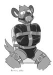  absurd_res aggressive_retsuko anthro ball_gag barocatto bdsm bondage bound bulge chair chair_bondage clothing collar furniture gag gagged haida hi_res hyaenid male mammal sanrio solo spotted_hyena straitjacket underbite underwear worried 