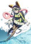  1girl asui_tsuyu bangs black_hair bodysuit boku_no_hero_academia breasts droplet eyebrows_visible_through_hair full_body goggles goggles_on_head hair_between_eyes highres long_tongue looking_at_viewer mask sango_30 solo superhero tongue very_long_tongue water white_background 