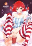  1girl apron bed biting blush braid breasts cellphone darklux feet freckles large_breasts lip_biting looking_at_viewer milkshake no_bra no_panties phone red_hair thighhighs wendy&#039;s wendy_(wendy&#039;s) 