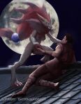  accessory black_body black_fur blue_eyes claws clothing duo female fur hair_accessory hair_tie hand_holding hattonslayden hi_res human light lying male mammal moon moonlight nintendo on_side pok&eacute;mon pok&eacute;mon_(species) smile standing video_games zoroark 