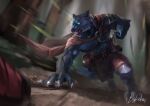  2021 abs absurd_res anthro belt black_body black_fur black_nose blue_eyes bottomwear canid canine canis clothing detailed_background fur hi_res male mammal melee_weapon muscular muscular_anthro muscular_male outside rukelen signature solo weapon wolf 