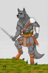  absurd_res anthro armor bottomwear canid canine canis clothing drekkorwolfsoul hi_res loincloth male mammal melee_weapon solo sword weapon wolf 