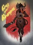  2018 anthro bovid breasts brown_body brown_fur caprine caprine_demon chest_tuft christmas claws cloven_hooves demon female full-length_portrait fur german_text hi_res holidays hooves horn krampus long_tongue mammal portrait pubes rayjay solo text tongue tongue_out translated tuft 