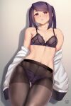  1girl ass_visible_through_thighs bangs black_legwear blush bra breasts cameltoe collarbone contrapposto eyebrows_visible_through_hair finalcake highres jill_stingray lingerie looking_at_viewer navel off_shoulder open_clothes open_shirt panties panties_under_pantyhose pantyhose purple_bra purple_hair purple_panties red_eyes sleeves_past_wrists small_breasts solo stomach swept_bangs thigh_gap underwear undressing va-11_hall-a 