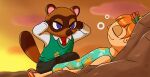  2021 angry animal_crossing anthro blue_eyes canid canine cherishcat clothed clothing cloud dress duo female hair hi_res human humor invincible_(comics) lying lying_on_ground male mammal meme multicolored_body necktie nintendo on_back orange_hair outside raccoon_dog signature smile sweater tanuki think_mark_think! tom_nook_(animal_crossing) topwear two_tone_body video_games villager_(animal_crossing) 