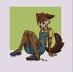  animated anthro bodily_fluids canid canine canis clothing domestic_dog embarrassed female footwear furryporky genital_fluids mammal omorashi overalls shoes solo solo_focus urine watersports wetting 