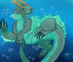  aquatic_dragon blue_body bubble dorsal_fin dragon feral fin horn hybrid kodiakjaxx lutrine male mammal marine mustelid scales scalie scalie_feral solo 