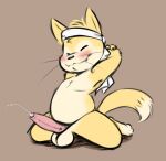  anthro balls bandanna blush bodily_fluids emenius erection eyes_closed felid fur genital_fluids genitals kerchief male mammal nude penis precum simple_background slightly_chubby solo yellow_body yellow_fur 