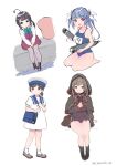  4girls ahoge bag bangs black_hair blue_hair blue_swimsuit boots braid breasts brown_eyes brown_hair brown_skirt capelet cross-laced_footwear dress gradient_hair grey_legwear hatg hayanami_(kancolle) hiburi_(kancolle) holding holding_torpedo hood hood_up hooded_capelet i-19_(kancolle) kantai_collection lace-up_boots long_hair long_sleeves multicolored_hair multiple_girls name_tag one-piece_swimsuit open_mouth pleated_skirt ponytail purple_dress purple_hair red_eyes sailor_collar sailor_dress school_swimsuit shinshuu_maru_(kancolle) shirt short_ponytail short_sleeves sidelocks simple_background sitting sketch skirt smile socks someno_haru standing swimsuit thighhighs torpedo tri_tails twin_braids twitter_username white_background white_dress white_legwear white_shirt 