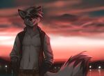  anthro black_body black_fur black_nose canid canine clothed clothing ears_up fox fur hair koul looking_at_viewer male mammal raised_tail smile solo teeth white_body white_fur young 