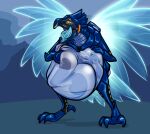 abdominal_bulge akudrache alexia_(akudrache) armor avian bird blue_background blue_tongue energy_tail energy_wings glowing green_light hi_res machine orange_light robot shebby simple_background solo synth synthetic talons tongue transparent_stomach vore wings 