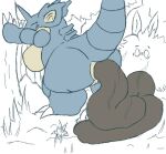  anus big_breasts big_butt blue_body blue_skin breasts butt darokei feces female feral genitals grass nidoqueen nintendo plant pok&eacute;mon pok&eacute;mon_(species) pooping pussy scat simple_background solo tree video_games 