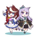 2girls :d :o animal_ears ascot asymmetrical_gloves black_footwear black_jacket black_skirt blue_eyes blue_gloves blue_legwear blush boots bow brown_hair chibi colored_shadow commentary_request ear_ribbon epaulettes frilled_jacket frills gloves green_bow green_ribbon hair_ribbon highres hitomiz holding_hands horse_ears horse_girl horse_tail jacket long_sleeves looking_at_viewer mejiro_mcqueen_(umamusume) mismatched_gloves multicolored_hair multiple_girls pink_neckwear pink_ribbon pleated_skirt ponytail purple_eyes purple_hair ribbon shadow short_eyebrows single_epaulette skirt sleeves_past_wrists smile socks standing standing_on_one_leg streaked_hair tail teeth thick_eyebrows tokai_teio_(umamusume) umamusume upper_teeth white_background white_footwear white_gloves white_hair white_jacket white_skirt 