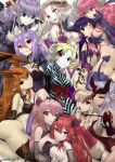  alternate_form blonde_hair blue_eyes breasts brown_eyes catherine catherine_(game) character_request cleavage copyright_request crossover demon_girl demon_horns demon_tail disgaea drill_hair earrings fate/grand_order fate_(series) haraya_manawari head_wings highres holding_hands horns interlocked_fingers jewelry large_breasts makai_senki_disgaea medium_breasts multiple_crossover orange_hair pale_skin pink_eyes pink_hair pointy_ears purple_hair ragnarok_online red_eyes sheep_horns small_breasts smile succubus_(disgaea) tail trait_connection twin_drills zealotus 