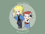  2boys black_hair black_shirt blonde_hair blue_jacket blue_pants casteliacone chain closed_mouth daifuku_(pokefuka_art) food food_on_face green_background grey_footwear hand_in_pocket hat ice_cream jacket lucas_(pokemon) male_focus multiple_boys pants pokemon pokemon_(game) pokemon_dppt red_headwear red_scarf scarf shirt shoes short_hair short_sleeves smile sparkle spiked_hair standing tongue tongue_out volkner_(pokemon) 