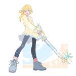  1girl blonde_hair blue_eyes boybun dress highres keyblade kingdom_hearts leggings looking_at_viewer medium_hair namine open_mouth ponytail shoes simple_background smile socks solo 