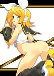  ass bent_over blue_eyes boots bottomless caution_tape detached_sleeves hair_ornament hair_ribbon hairclip headset hermmy kagamine_rin kneeling no_pussy ribbon school_uniform short_hair solo vocaloid 
