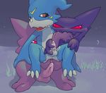  anus argon_vile balls blue_body crossover cum digimon gay gengar grass group group_sex haunter male night nintendo open_mouth oral oral_sex outside penis pok&#233;mon pokemon purple_body purple_tongue red_eyes sex sky spreading threesome tongue veemon video_games 
