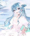  1girl :d black_choker blue_eyes blue_hair breasts choker cleavage dress fang hair_between_eyes highres juliet_sleeves long_hair long_sleeves looking_at_viewer medium_breasts open_mouth original oyabuli puffy_sleeves sketch smile solo upper_body white_dress 