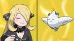  1girl :t black_coat blonde_hair blush_stickers breasts cleavage closed_eyes coat commentary_request cynthia_(pokemon) eating eyelashes fur-trimmed_coat fur_collar fur_trim gen_4_pokemon hair_ornament hair_over_one_eye holding holding_spoon long_hair mao_yang_yi pokemon pokemon_(creature) pokemon_(game) pokemon_dppt scene_reference shiny shiny_hair smile splitscreen spoon togekiss upper_body 