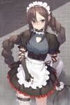  1girl apron bangs black_dress blush braid brick_wall brown_eyes brown_hair choker cleavage_cutout closed_mouth clothing_cutout commentary_request dress ear_piercing earrings elbow_gloves fate/grand_order fate_(series) frills glasses gloves hair_between_eyes heart_cutout highres jewelry jonsun long_hair maid maid_apron maid_headdress piercing puffy_short_sleeves puffy_sleeves ribbon scrunchie short_sleeves single_braid solo thigh_strap very_long_hair waist_apron white_scrunchie yu_mei-ren_(fate) 