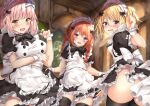  3girls :d alternate_costume apron bangs black_dress black_legwear blonde_hair blush chieru_(princess_connect!) chloe_(princess_connect!) commentary_request cowboy_shot dress enmaided eyebrows_visible_through_hair frilled_dress frills hair_between_eyes hand_up highres indoors looking_at_viewer maid maid_headdress multiple_girls open_mouth orange_hair pink_hair princess_connect! purple_eyes rumiko_(rmeco) short_sleeves skirt_hold smile standing star_(symbol) star_in_eye symbol_in_eye thighhighs white_apron wrist_cuffs yellow_eyes yuni_(princess_connect!) 