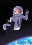  1girl :d astronaut brown_eyes floating helmet idolmaster idolmaster_cinderella_girls koshimizu_sachiko open_mouth pink_hair sakaki_imasato short_hair smile solo space space_helmet spacesuit zero_gravity 