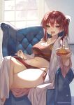  1girl armchair arrow_through_heart bangs blush breasts chair collarbone eyebrows_visible_through_hair fang food heterochromia highres hololive houshou_marine indoors looking_at_viewer medium_hair midriff navel open_mouth panties phone pocky red_eyes red_hair robe scrunchie shuri_(84k) side-tie_panties skin_fang smile solo tank_top twintails twitter_username underwear virtual_youtuber window yellow_eyes 