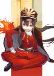  1boy belt black_footwear black_hair brown_belt brown_cape brown_headwear cape fate/grand_order fate_(series) fire gloves hand_on_own_chin hat highres indian_style jacket jonsun long_hair long_sleeves looking_at_viewer male_focus oda_nobukatsu_(fate) pants peaked_cap pixiv_fate/grand_order_contest_2 ponytail red_eyes red_jacket red_pants shoes sitting smile solo very_long_hair white_gloves 