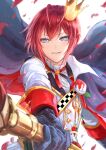  1boy absurdres antenna_hair black_gloves blue_eyes checkered_sash commentary crown ekisutora gloves highres holding holding_scepter long_sleeves looking_at_viewer red_hair riddle_rosehearts scepter shirt short_hair smile solo twisted_wonderland white_shirt 