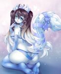  anthro antlers blue_bra blue_clothing blue_panties blue_thigh_socks blue_underwear bow_ribbon bra brown_hair butt clothed clothing digital_media_(artwork) eyelashes female finger_to_mouth fluffy fluffy_tail fur gradient_hair green_eyes hair horn kneeling long_hair looking_at_viewer looking_back looking_back_at_viewer mammal multicolored_hair nipple_outline open_mouth panties pink_tongue rear_view ribbons shaded snowflake solo tail_ribbon tekahika text tongue two_tone_hair underwear url white_body white_fur white_hair white_inner_ear_fluff 