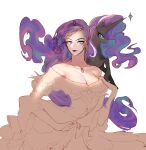  1girl breasts character_request cleavage closed_mouth creature_and_personification diamond-shaped_pupils diamond_(shape) dress highres jewelry large_breasts lipstick long_hair looking_at_viewer makeup my_little_pony my_little_pony_friendship_is_magic personification pigeon666 purple_hair purple_lips ring smile solo symbol-shaped_pupils tiara unicorn 