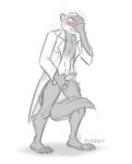 anthro blush bottomless clothed clothing coat domestic_ferret embarrassed erection genitals hi_res hiding lab_coat male mammal mustela mustelid musteline nicnak044 penis sketch solo topwear true_musteline 