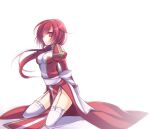  1girl bangs bow commentary_request dress eyebrows_visible_through_hair full_body garter_straps high_priest_(ragnarok_online) juliet_sleeves kneeling long_hair long_sleeves looking_at_viewer looking_to_the_side puffy_sleeves ragnarok_online red_dress red_eyes red_hair sanom sash simple_background solo thighhighs two-tone_dress white_background white_bow white_dress white_legwear white_sash 