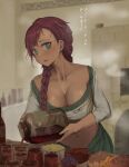  1girl absurdres aqua_eyes braid breasts chinese_commentary cleavage collarbone commentary_request cooking crop_top durin_(liangzi_tai_hongcha) earrings highres indoors jar jewelry kitchen large_breasts liangzi_tai_hongcha long_hair looking_at_viewer original parted_lips pouring red_hair shirt single_braid solo steam stud_earrings sweat tengwar_text translated upper_body white_shirt 