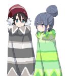  2girls bangs blanket blue_eyes blue_hair breath brown_hair closed_mouth commentary_request earmuffs eyebrows_visible_through_hair eyes_visible_through_hair hair_bun light_blush long_hair looking_at_another multicolored multicolored_clothes multicolored_headwear multiple_girls poncho purple_eyes saitou_ena shima_rin shiroshi_(denpa_eshidan) short_hair simple_background smile snowflakes standing striped_clothes translucent_hair white_background winter_clothes woollen_cap yurucamp 
