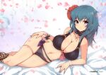  1girl absurdres alternate_costume bangs bare_shoulders bed_sheet belt bikini black_belt black_bikini black_swimsuit blue_eyes blue_hair blue_nails blush breasts byleth_(fire_emblem) byleth_(fire_emblem)_(female) cleavage collarbone cowboy_shot dagger english_commentary eyebrows_visible_through_hair fire_emblem fire_emblem:_three_houses fire_emblem_heroes floral_background flower glint groin hair_between_eyes hair_flower hair_ornament highres knife large_breasts long_hair looking_at_viewer lying midriff nail_polish navel on_bed on_side parted_lips patreon_username ribbon sheath sheathed sidelocks skindentation sweat swimsuit thighlet virus-g weapon wrist_ribbon 