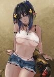  1girl arknights arm_strap bangs bare_arms bare_shoulders black_choker black_hair blue_eyes blue_hair breasts camisole choker denim denim_shorts eunectes_(arknights) eunectes_(forgemaster)_(arknights) head_tilt highres jea_(ppangjea) looking_at_viewer medium_breasts midriff multicolored_hair navel official_alternate_costume pointy_ears short_hair short_shorts shorts sitting snake_tail solo spaghetti_strap stomach tail thighs underboob 