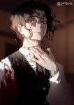  1boy black_vest blurry blurry_background brown_background brown_hair collared_shirt depth_of_field fingernails grey_nails jonsun kibutsuji_muzan kimetsu_no_yaiba looking_at_viewer male_focus parted_lips red_eyes shirt signature slit_pupils solo upper_body vampire veins vest white_shirt wing_collar 