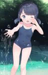  1girl arm_up armpits black_hair blue_eyes blue_swimsuit commentary_request competition_school_swimsuit covered_navel covering_one_eye eyebrows_visible_through_hair groin highres long_hair looking_at_viewer low_twintails makigai makino_yuna one-piece_swimsuit one_eye_closed open_mouth original outdoors school_swimsuit smile solo splashing swimsuit thighs twintails wading water 