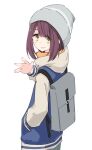  1girl backpack bag bangs commentary_request from_behind green_eyes hand_in_pocket hood hoodie looking_at_viewer looking_back multicolored multicolored_clothes parted_lips red_hair school_bag shiroshi_(denpa_eshidan) short_hair_with_long_locks smug solo standing toki_ayano waving woollen_cap yurucamp 