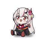  1girl :d chibi fang highlights hololive horns long_hair multicolored_hair nakiri_ayame oni oni_horns oni_mask open_mouth portablepotato red_eyes shoe_soles sitting skin_fang smile solo virtual_youtuber white_background white_hair 