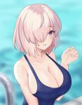  1girl bangs bare_shoulders blue_swimsuit blurry blurry_background blush breasts cleavage collarbone fate/grand_order fate_(series) gudakoguda hair_over_one_eye highres large_breasts light_purple_hair looking_at_viewer mash_kyrielight one-piece_swimsuit pool poolside purple_eyes short_hair smile swimsuit 