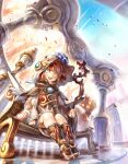  1girl bangs bench blush boots brown_capelet brown_footwear commentary_request gens_lee holding holding_staff lamppost looking_afar looking_to_the_side open_mouth orange_hair original petals shirt short_hair shorts sitting smile solo staff white_shirt white_shorts 