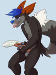  alexthefoxcoon anthro big_knot blue_eyes blue_hair bodily_fluids condom cum cum_inside drooling filled_condom genital_fluids hair harlem hi_res holding_knot hybrid knot male saliva sexual_barrier_device solo tongue tongue_out 