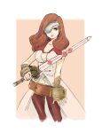  1girl beatrix_(ff9) belt breasts brown_eyes brown_hair cleavage closed_mouth curly_hair eyepatch final_fantasy final_fantasy_ix gloves highres long_hair pantyhose save_the_queen solo sword toutoumi weapon 