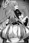  1girl ass asuna_(blue_archive) blue_archive blush breasts dress dress_lift elbow_gloves eyebrows_visible_through_hair eyes_visible_through_hair frilled_dress frills gloves greyscale hair_between_eyes hair_ribbon highres kojima_saya lifted_by_self long_hair looking_at_viewer looking_back maid maid_headdress monochrome open_mouth panties puffy_short_sleeves puffy_sleeves pussy ribbon short_sleeves solo squatting underwear very_long_hair 