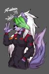  anthro canid canine canis clothing ear_piercing ear_ring eyewear female five_nights_at_freddy&#039;s five_nights_at_freddy&#039;s:_security_breach fluffy fluffy_tail fur gesture green_hair grin hair hi_res jumpsuit looking_at_viewer mammal mukka_dainax piercing purple_body purple_fur roxanne_wolf_(fnaf) simple_background smile solo sunglasses video_games waving waving_at_viewer white_hair wolf 